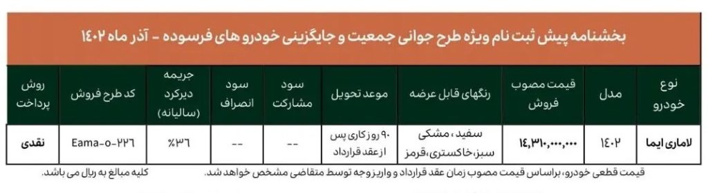 فروش فوری خودرو لاماری (طرح مادران و خودرو فرسوده) آذر 1402 1 فروش فوری خودرو لاماری (طرح مادران و خودرو فرسوده) آذر 1402