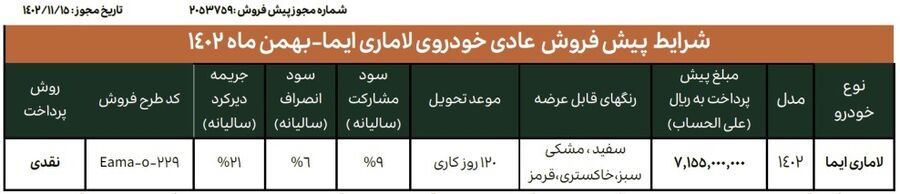 طرح پیش فروش خودرو لاماری ایما (بهمن 1402) 1 طرح پیش فروش خودرو لاماری ایما (بهمن 1402)